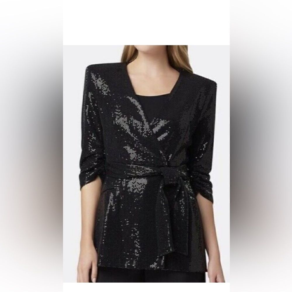 Tahari Black Sequin Collarless Wrap Jacket